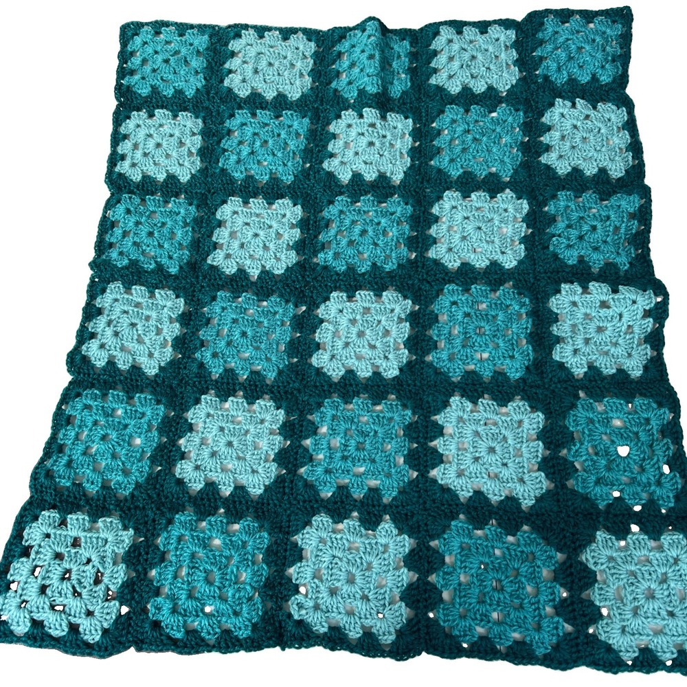 Handmade Crochet Granny Square Decorative Baby Blanket, Blue, Teal Rectangles
